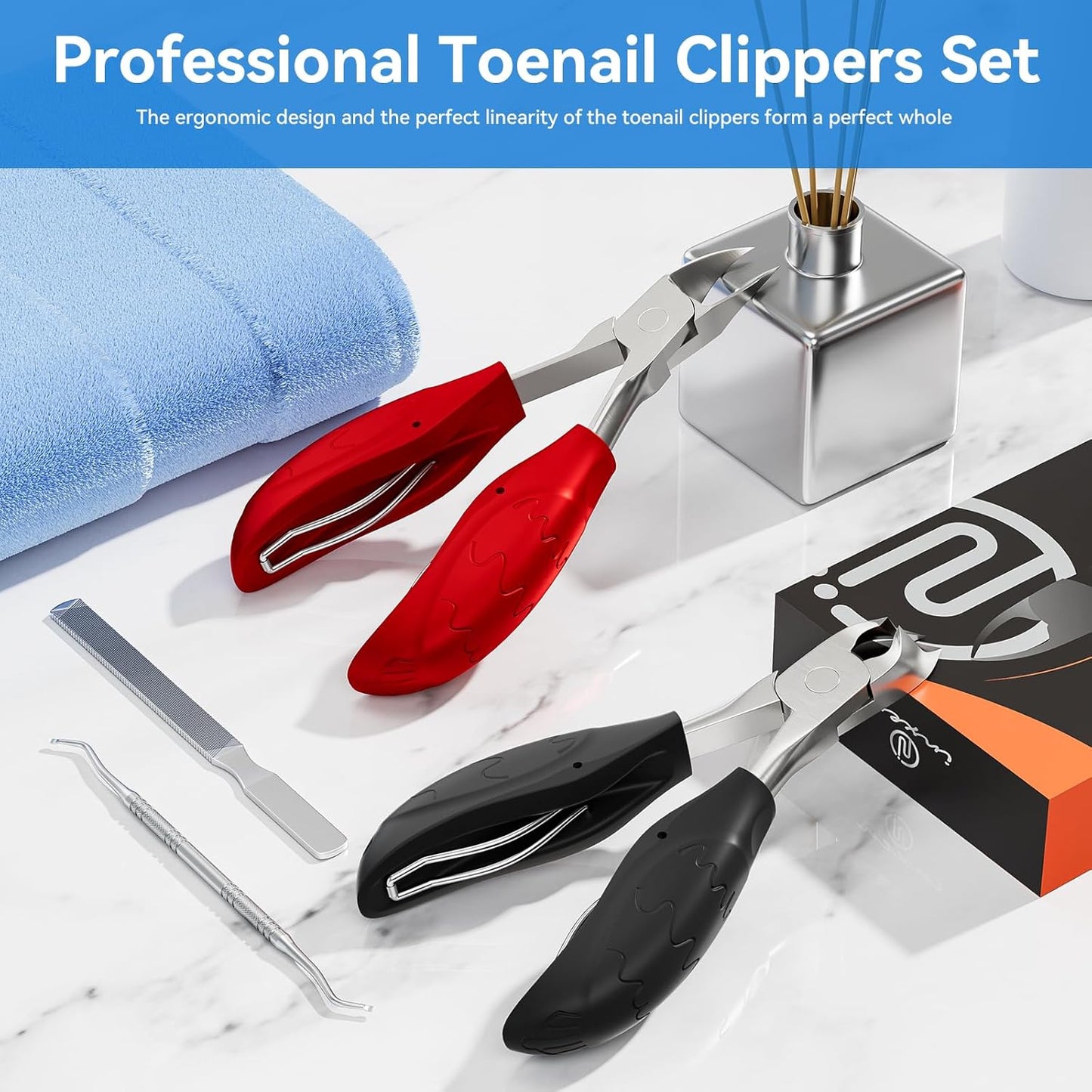 Toenail Clippers for Seniors Thick Toenails | 4-PCS Ergonomic Long Handle Non-Slip Soft grip Toe Nail Clippers Set for thick toenails | Premium Steel Heavy Duty Super Sharp Fingernail Clippers for Men