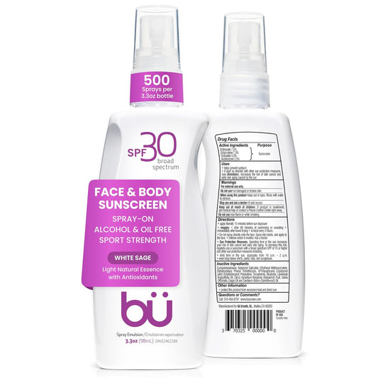 BU SPF 30 Sunscreen Spray for Face and Body, Non Aerosol Spray, Ultrafine WOWmist, TSA Travel Size Sunscreen, Clear, Non Greasy, Water Resistant, White Sage 3.3 oz
