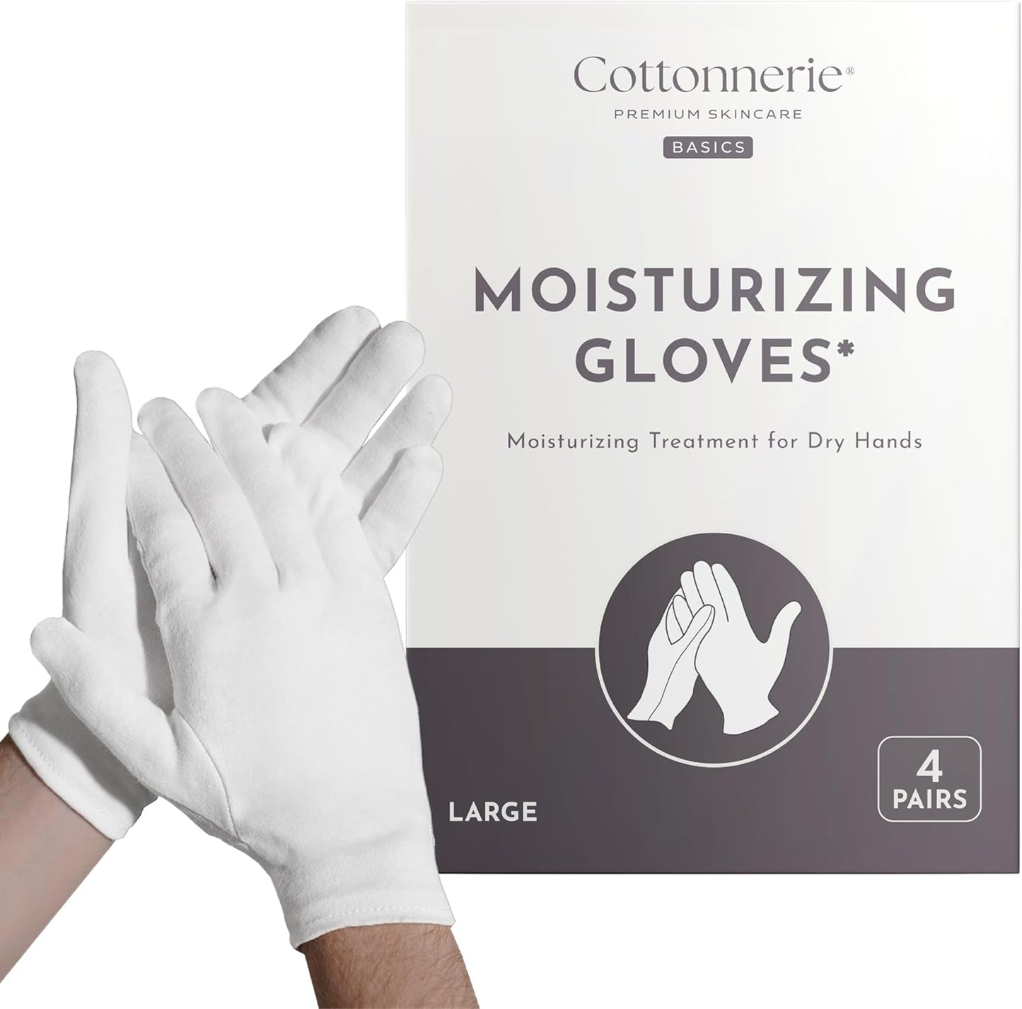 Cottonnerie Basics Cotton Gloves for Dry Hands Sleeping, Moisturizing Gloves Overnight, Hand Moisturizer Gloves, Moisture Gloves for Dry Hands Overnight, Sleeping Gloves, Large 4 Pairs