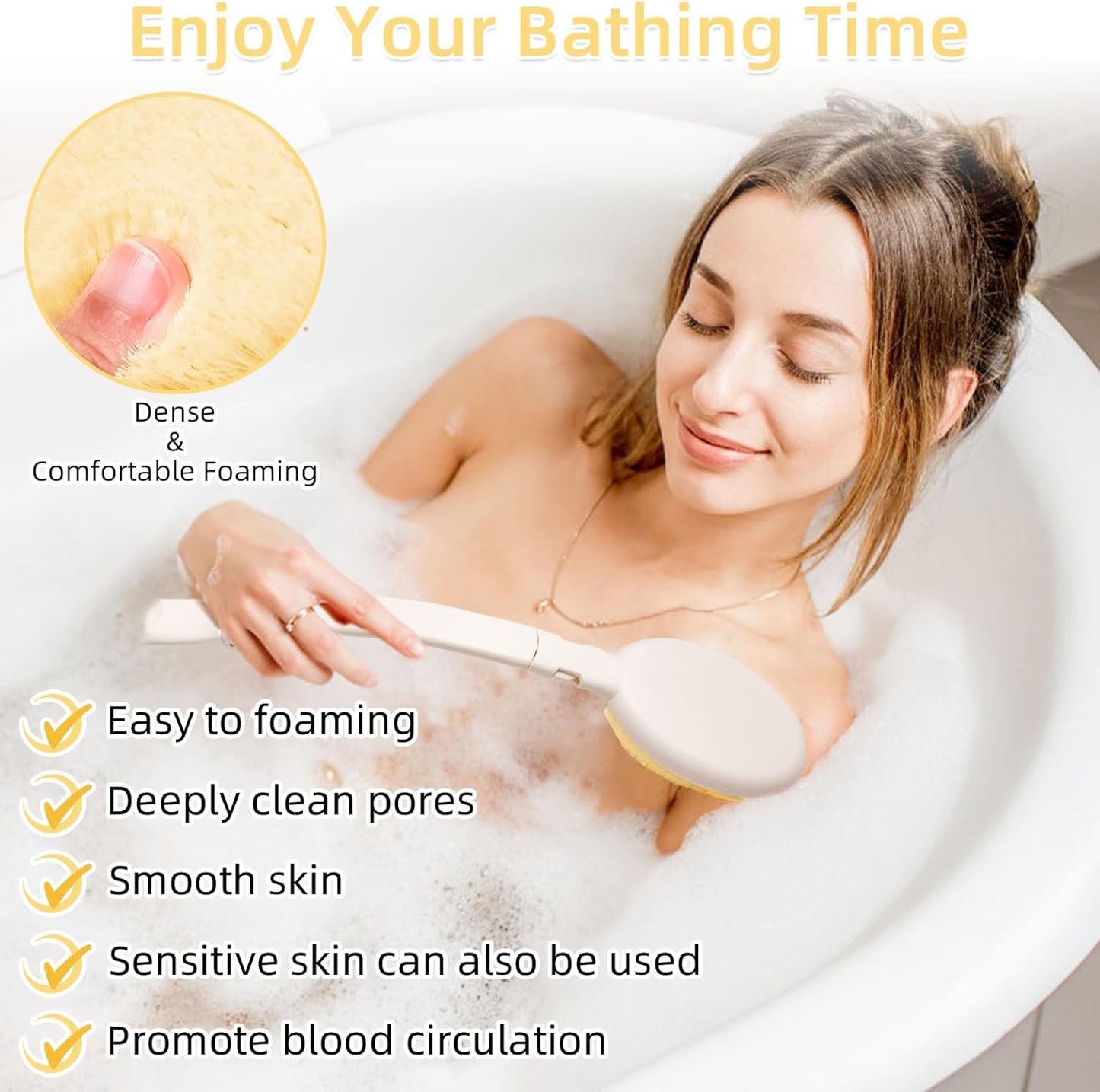 LFJ 19" Long Handle Shower Sponge Brush Set, 3 in 1 Body Brush, Bath Sponge and Lotion Applicator Improved Skin Health, Suitable for Men and Women (White Brush-2P)