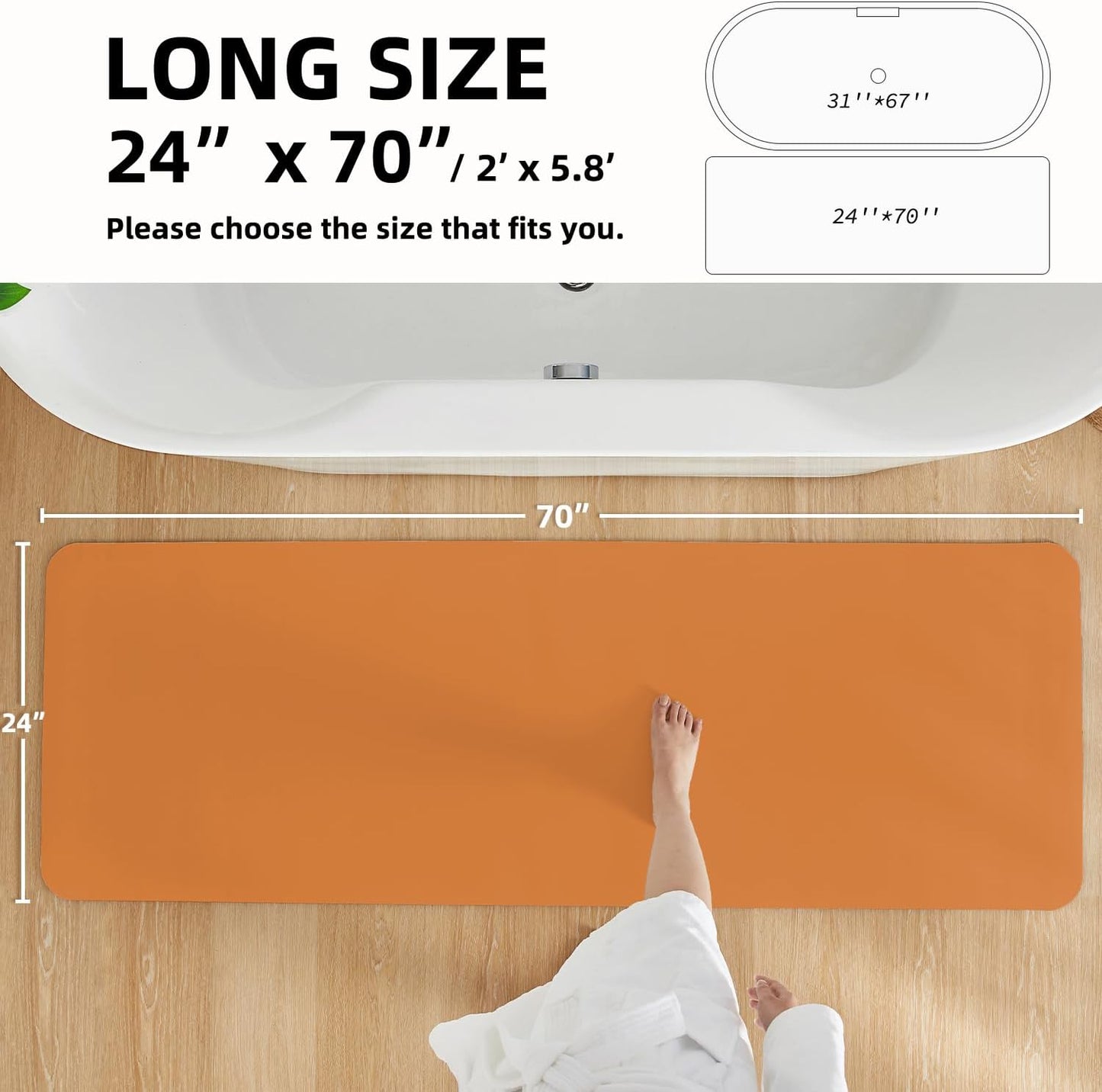 Bathroom Mat Quick Dry, Bathroom Rugs Non Slip Washable Thin Absorbent Bath Mat Fits Under Door Bathroom Floor Mat Perfect for Bath, Shower, or Sink 24"x70" Orange