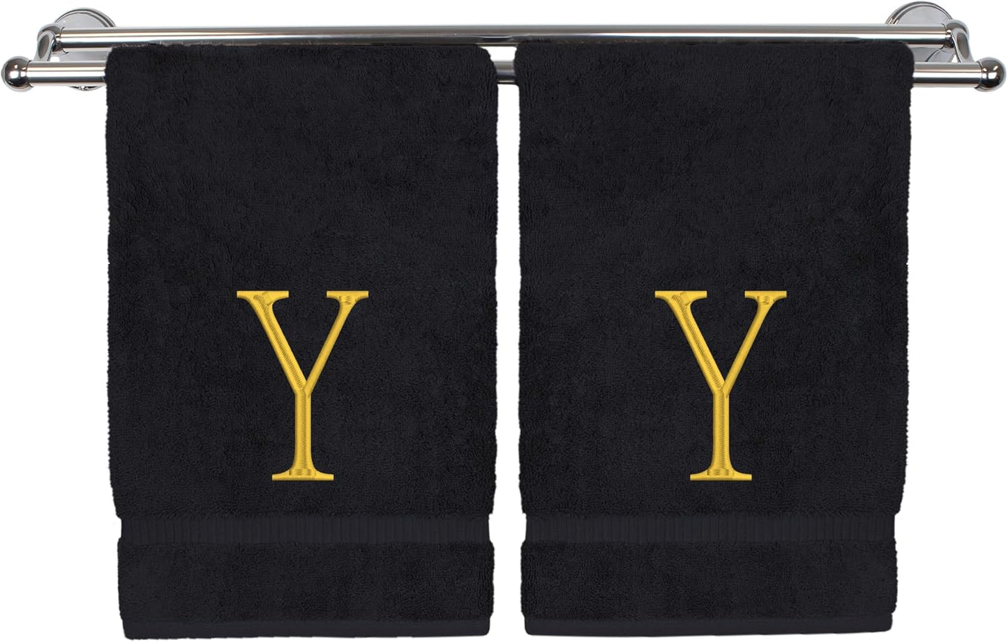 Monogrammed Hand Towel, Personalized Initial Gift, Extra Absorbent 100% Turkish Cotton - Soft Terry Finish - Set of 2 - Gold Block Initial Y - Embroidered on Black Towels