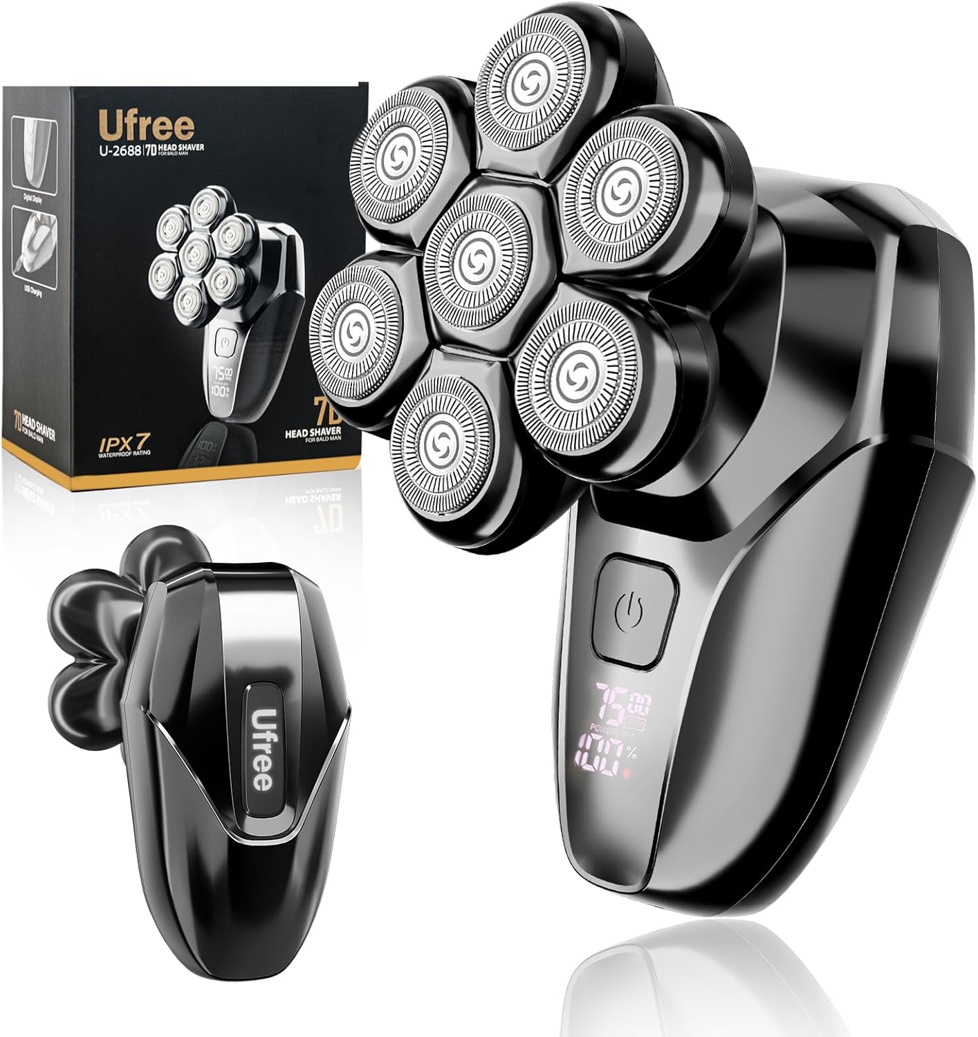 Ufree 7D Rotating Head Shaver for Bald Men, Magnetic Detachable Blades, IPX7 Waterproof Electric Razor, Head Face Beard Trimmer Grooming Kit with USB Fast Charge, Smart LED Display, Mens Gifts