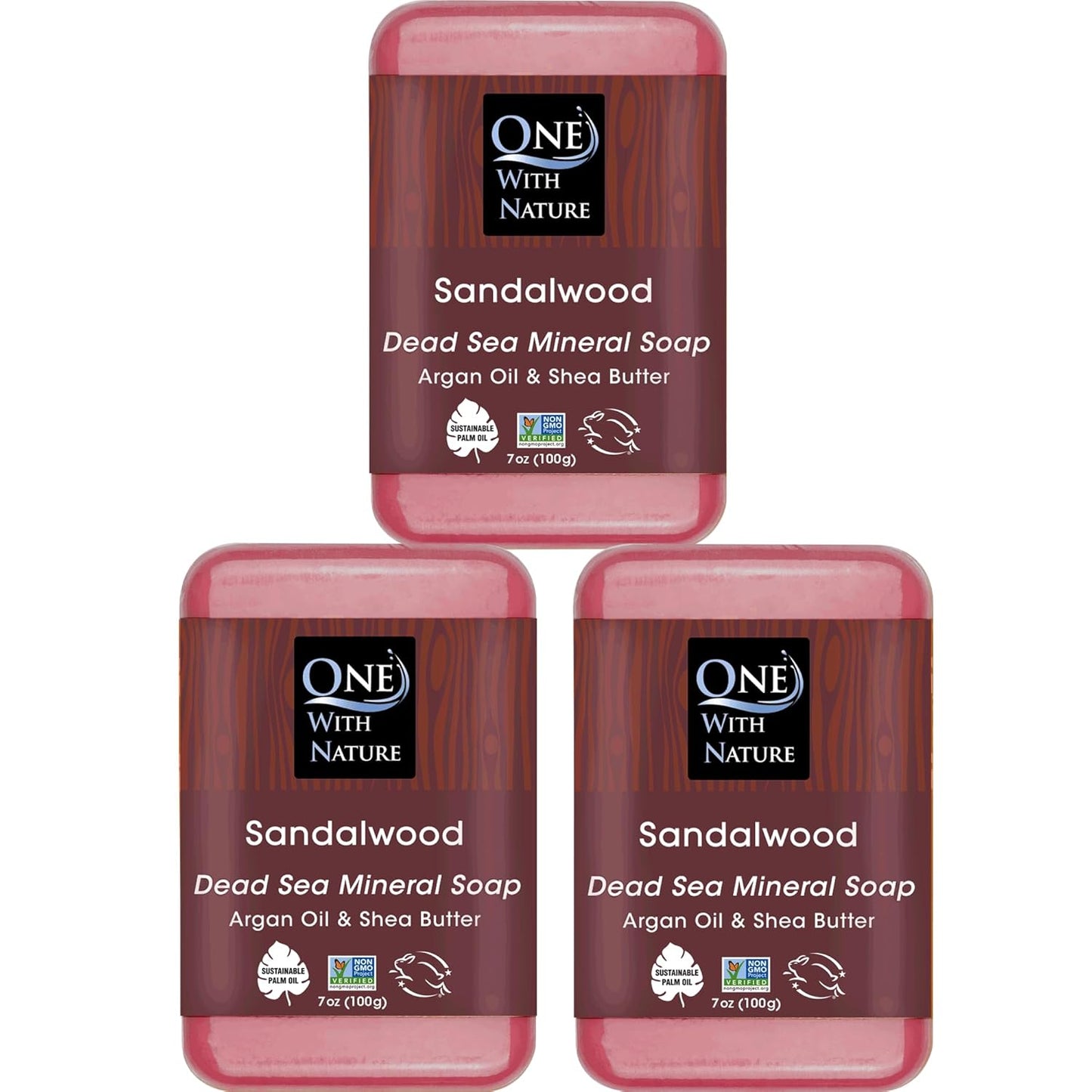 One With Nature Dead Sea Salt Sandalwood Soap 7oz 3-Pack – Purifying and Exfoliating Soap Bar with Dead Sea Minerals and Sandalwood for Face & Body, for Men & Women
