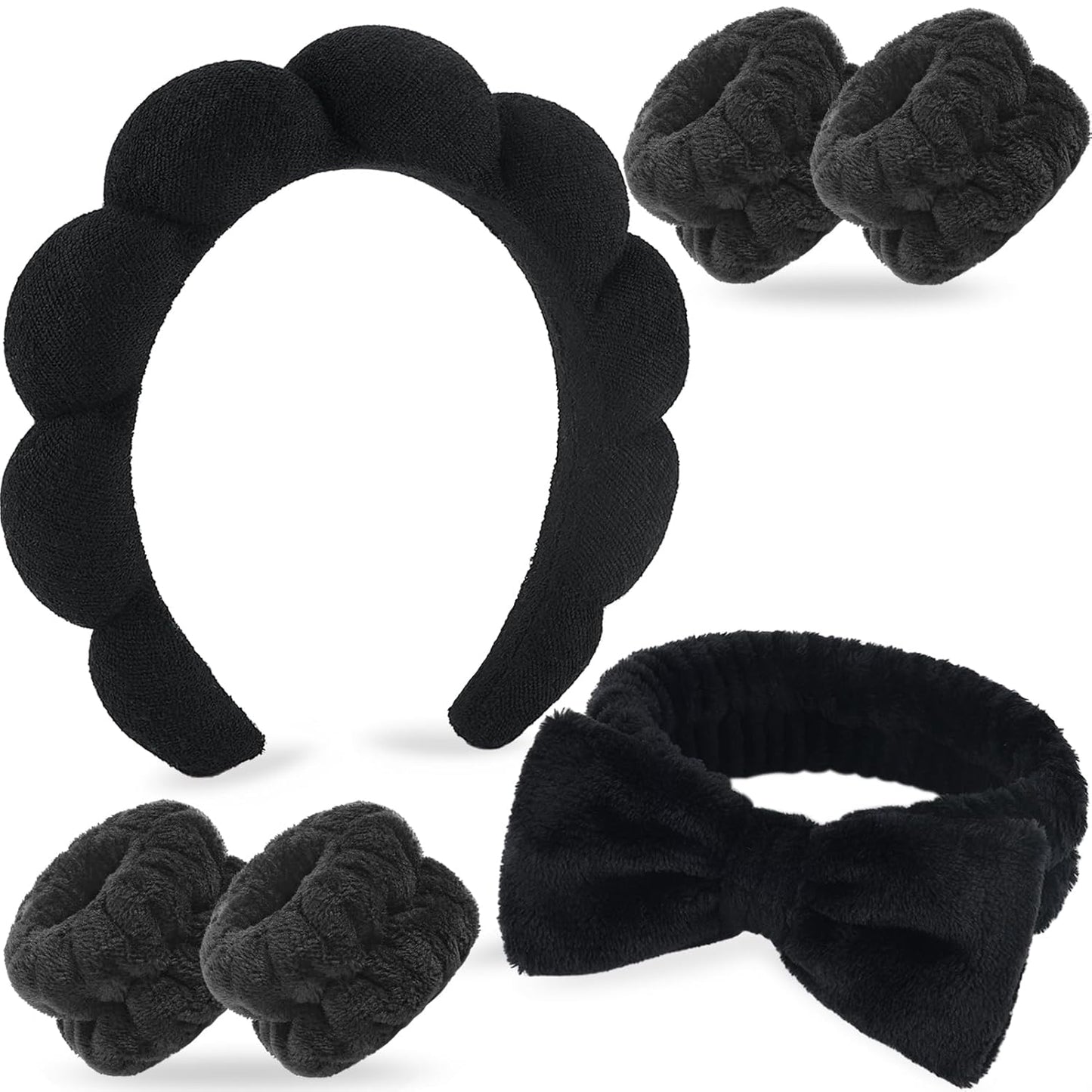 Zkptops 6Pcs Spa Headband for Washing Face Wristbands Set Women Bubble Skincare Makeup Sponge Terry Cloth Padded Puffy Headband Bow Tie Hairband Cute Non Slip Thick Hair Accessory Gifts(Black)