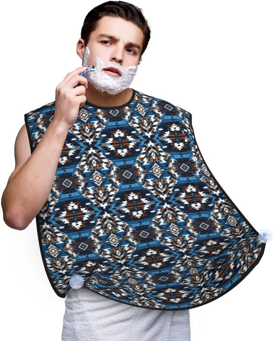 Beard Grooming Cape, Waterproof Hair Catcher for Shaving Trimming, Non-Stick Bib Apron Gifts for Dad Men, Colorful Surf Blue Tribal Navajo Aztec Geometric Ethnic Pattern Shave Bib