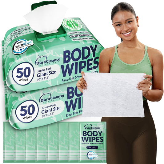 Body Wipes for Women, Extra Moist No Rinse Bathing Wipes (2pk), 100 XL Shower Cloths + 8 Deodorizing Bath Cloths - 9"x12" Travel Size After Gym Cleaning Essentials, Toiletries for Womens Hygiene