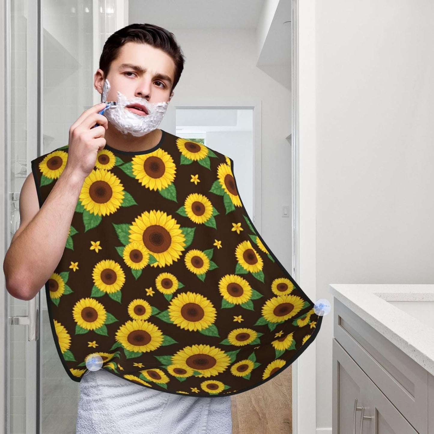Beard Trimming Catcher Apron, Waterproof Non-Stick Grooming Bib for Shaving, Ideal for Men Dad Father’s Day, Vintage Flowers Sunflowers Shave Bib