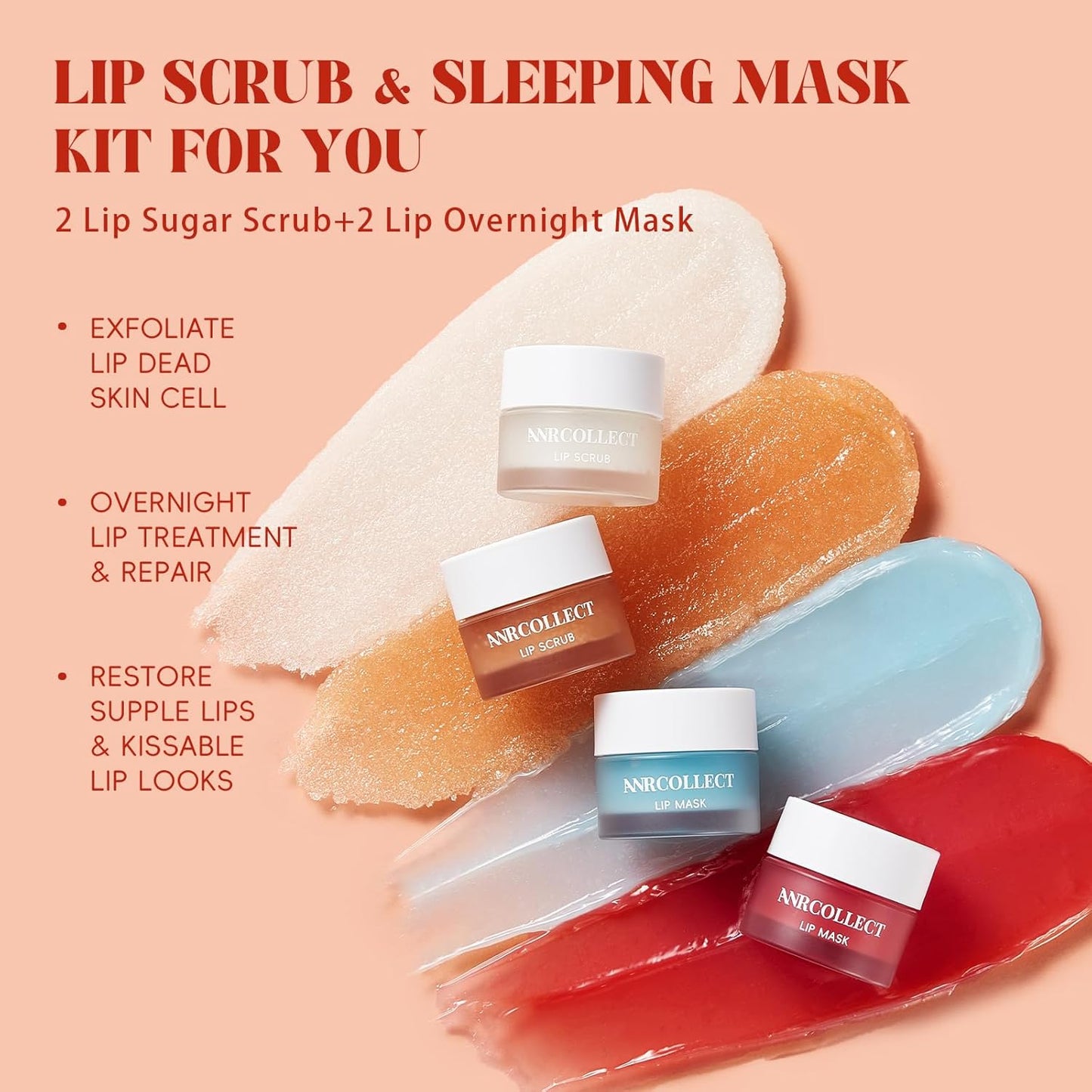 Lip Scrub and Lip Mask Set- Lip Treatment Care Kit with 2 Lip Exfoliator Scrub & 2 Lip Butter Mask, Intense Hydration Set for Dry Chapped Cracked Lips (4 Pack)