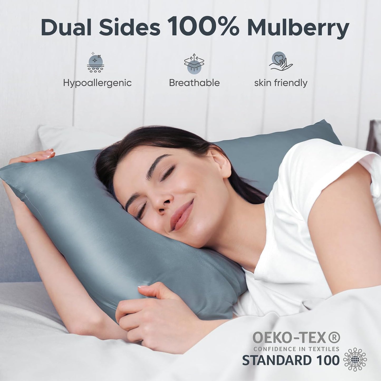 100% Pure Mulberry Silk Pillowcase for Hair and Skin - Allergen Resistant Dual Sides,600 Thread Count Silk Bed Pillow Cases with Hidden Zipper,1pc,King Size,Grey Blue
