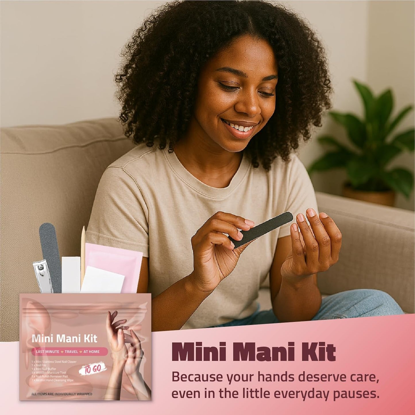 Mini Mani Kit – Disposable Manicure Set with Nail Clipper, File, Buffer, Cuticle Stick & Polish Remover Pad – Compact One-Time Use Nail Care Kit for Travel, Purse, Desk, or Car (Pink)