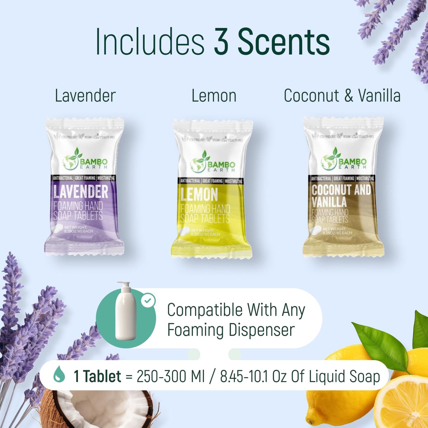 18 Pack Natural Foaming Hand Soap Tablets - Soft Moisturizing Handwash Tab Refills - 1 Tablet = 9 Oz Refillable Liquid Wash Foam Handsoap - Eco-Friendly Paper Softsoap Refill Tabs (Dispenser + 6 Tabs)