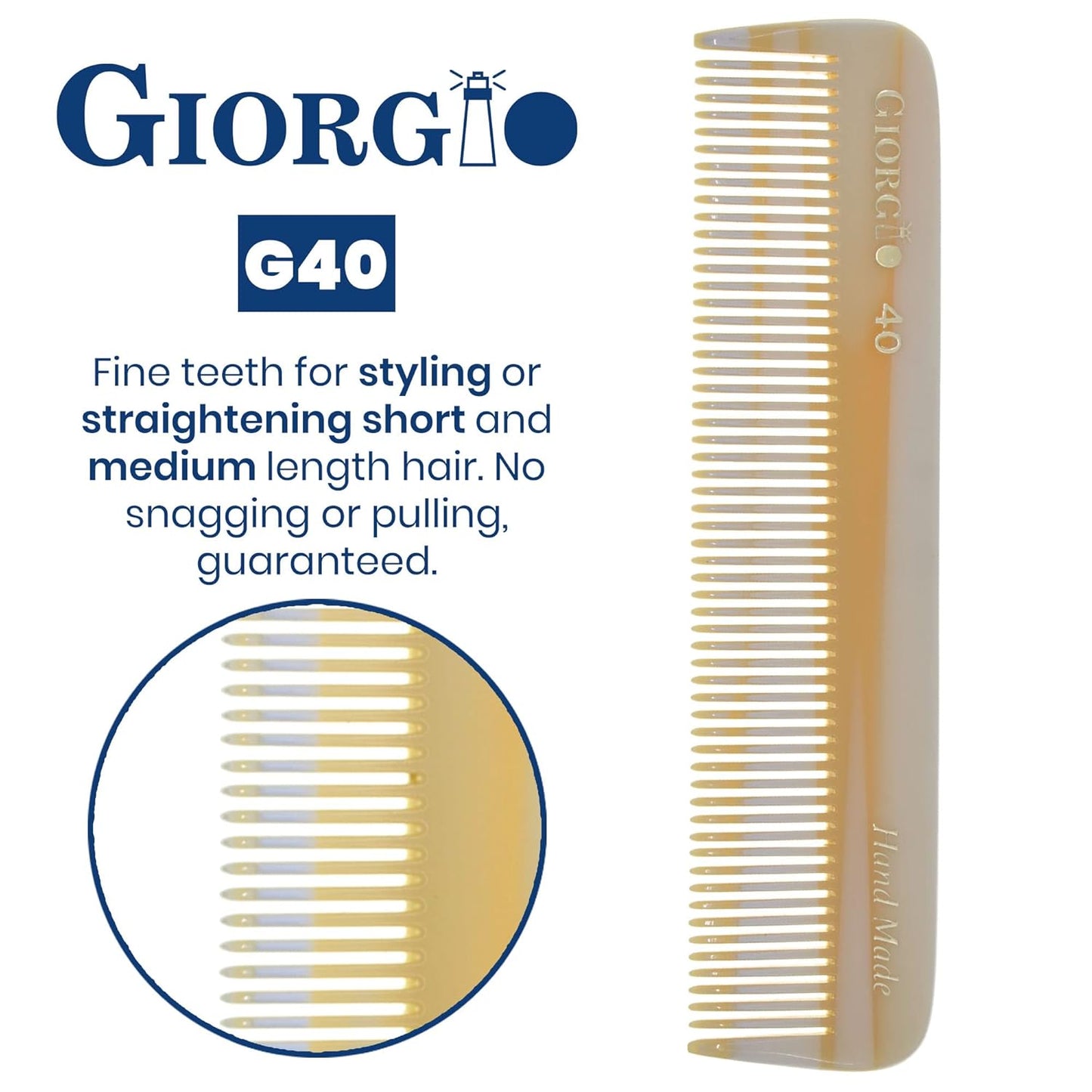 Giorgio G40 Handmade All Fine Tooth Pocket Comb, Hair Comb Straightener for Everyday Grooming Styling Hair, Mustache and Beard for Men Women and Kids, Saw Cut and Polished