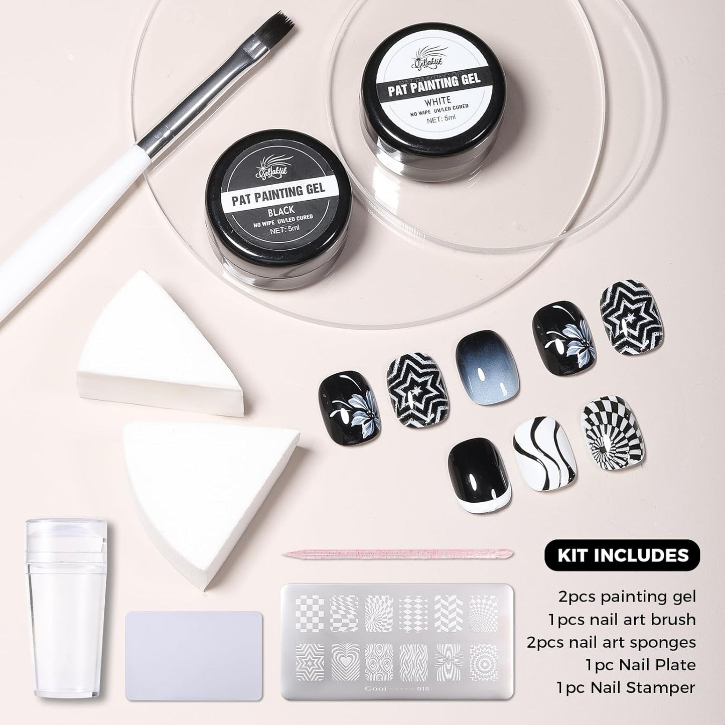 Nail Art Stamping Polish, 2Pcs Ombre Gel Polish Black&White, Gradient Pat Painting Gel Nail Polish French Manicure Kit with Nail Art Stamp Plate, Nail Stamper Scraper Set, UV/LED Curing Required