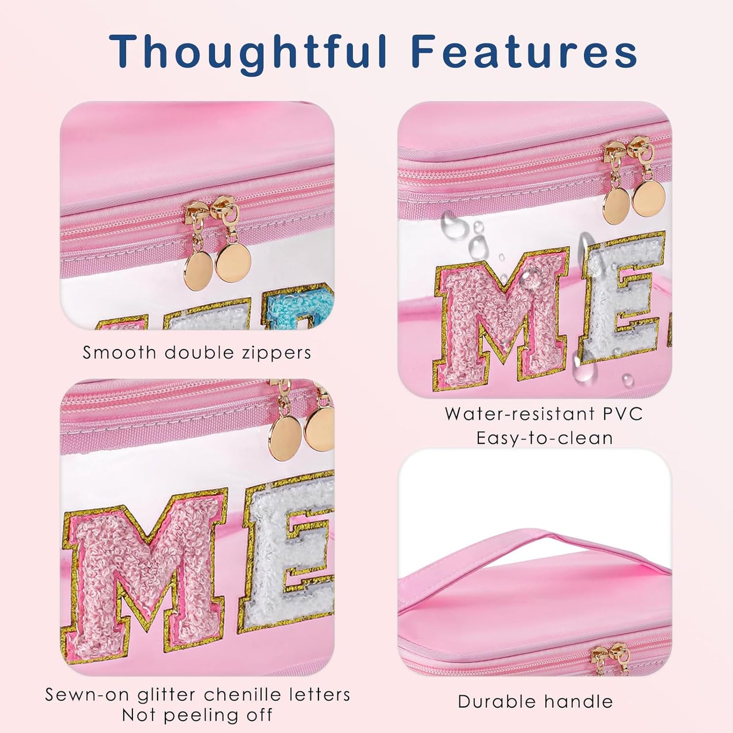 Chenille Letter Clear Medicine Makeup Bag, Large Size Waterproof Nylon Cosmetic Toiletry Storage bag with Top Handle, Transparent Meds First Aid Travel Organizer Cosmetic Bag(02Light Pink)