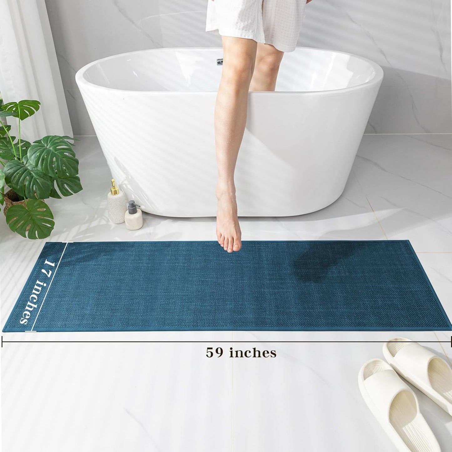 chakme Bathroom Rugs Mat 59x17, Ultra Thin Bath Rug Non Slip Runner Quick Dry Absorbent Bath Mat for Bathroom, (Dark Blue, 59"x17")