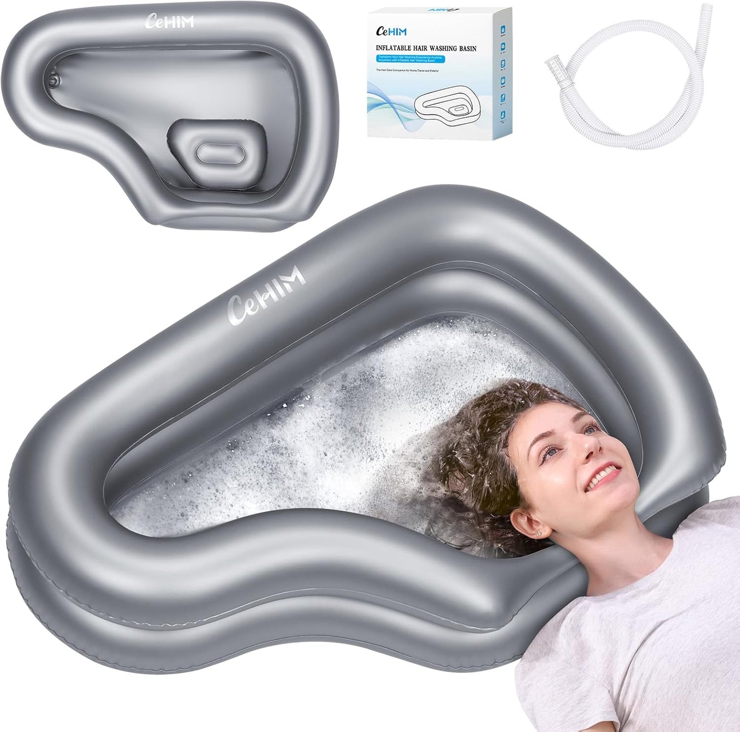 Portable Inflatable Shampoo Basin for Bedridden & Elderly - Zero Pooling Design | Fast-Drain Slope & Neck Support | Portable Hair Wash Bowl, Drain Hose | Hospital PVC | Home Use (Silver, Large)