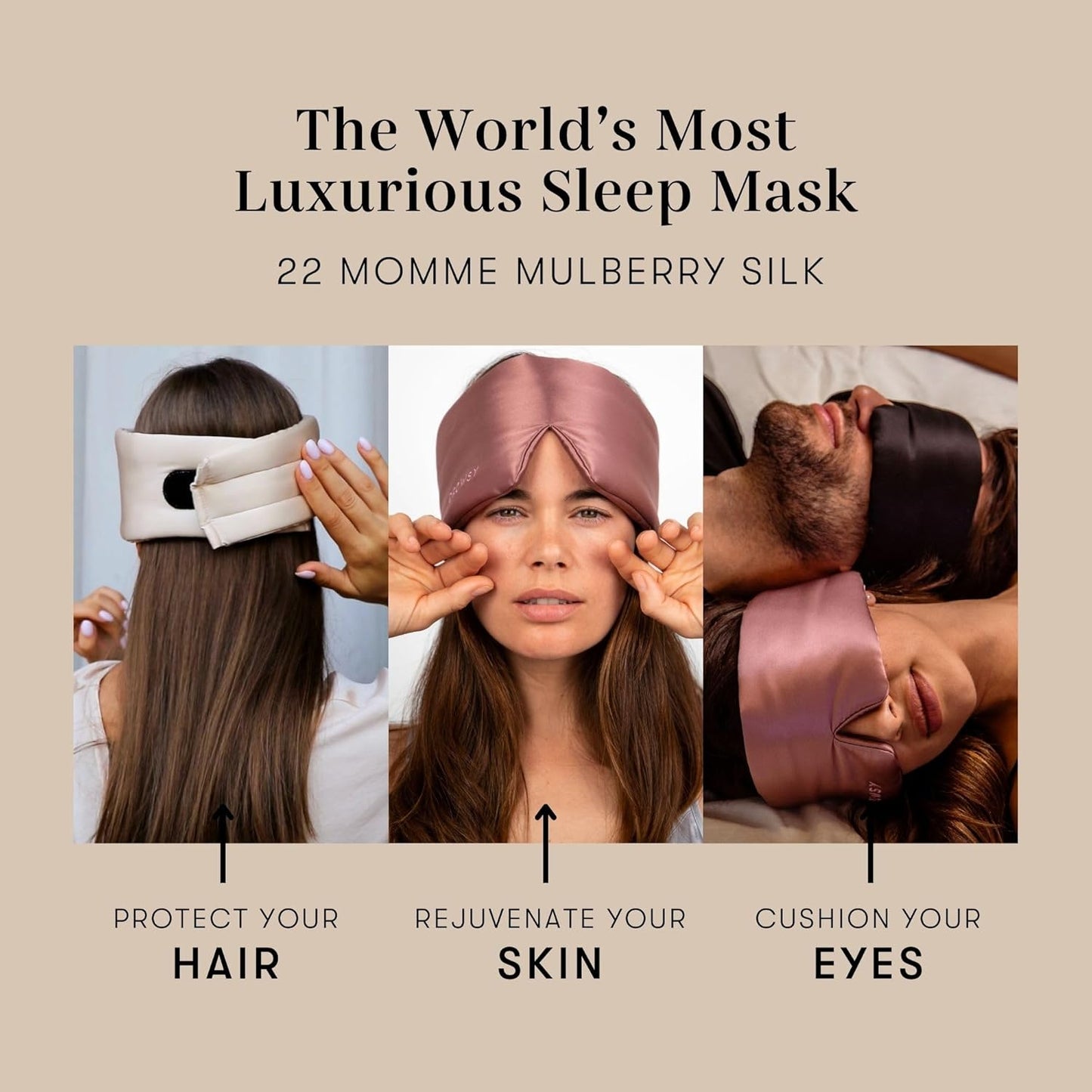 DROWSY Silk Sleep Mask - Face-Hugging, Padded Cocoon for Luxury Sleep in Total Darkness - 100% Pure Mulberry Silk (Dusty Gold)