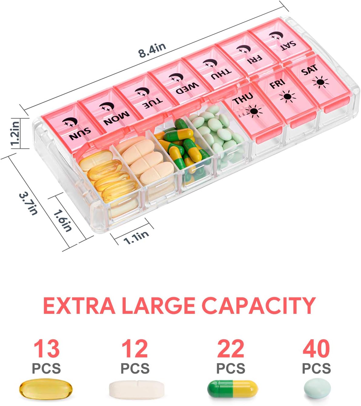 Weekly Pill Organizer 7 Day 2 Times a Day Extra Large, Quick Fill 2022 Fullicon AM PM XL Daily Pill Cases Pill Box with Detachable Base - Pink (Patent Registered)
