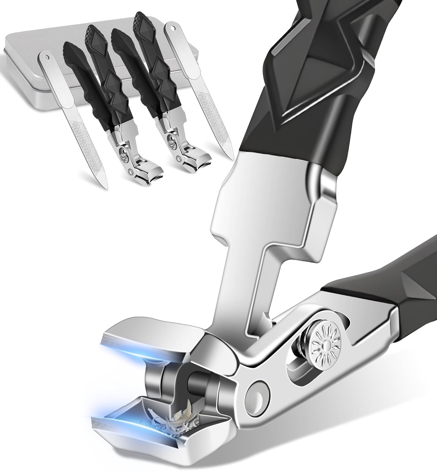 Toenail Clippers for Seniors - 2Pcs Angled Head Ergonomic Toe Nail Clippers for Thick Nails, Wide Jaw Opening, with Catcher & Long Handle, for Men and Women - Black