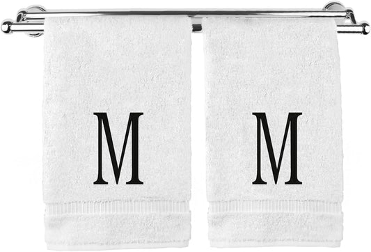 Monogrammed Hand Towel, Personalized Initial Gift, Extra Absorbent 100% Turkish Cotton - Soft Terry Finish - Set of 2 - Black Block Initial M - Embroidered on White Towels