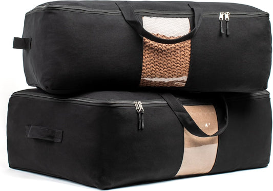 Soft Canvas Storage Bags with Zipper. Thick Breathable, 2pc King/Queen Comforter Organizer. Four Carrying Handles and Window. Large 25x19x9in Bag for Sheets Blankets Bedding Pillows, Clothes (Black)