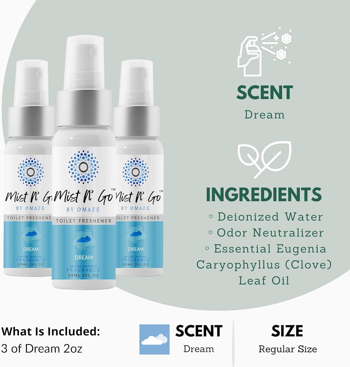 Mist N’ Go by Omaze Travel Bathroom Spray for Toilet Spray Odor Eliminator - Travel Toilet Spray for Bathroom Air Freshener Spray for Bathroom Deodorizer - Dream Regular Size (2oz x3)
