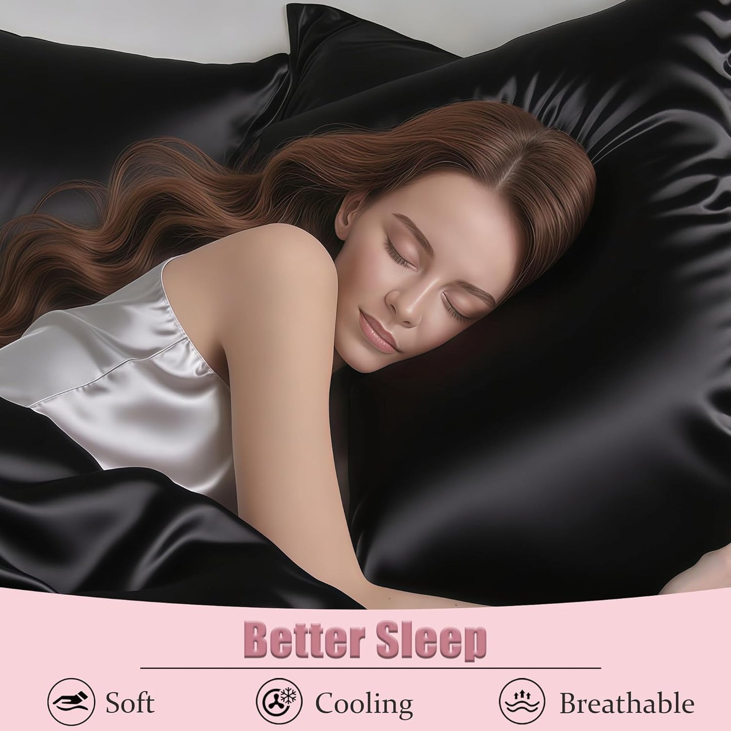 Mulberry Silk Pillow Cases with Zipper, Ultra Smooth Soft Breathable Cooling Pillow Cases for Hot Sleepers, Silk Satin Pillowcase for Hair and Skin, Gifts for Women (Black, Standard Size, 1 Pack)