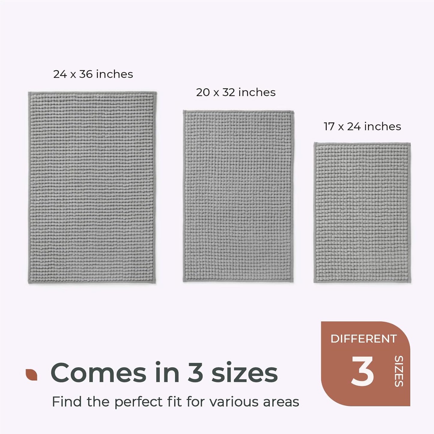 FRESHMINT Thick Chunky Chenille Bathroom Rug, 24"x36", Non Slip Bath Mat, Soft Bathroom Decor, Cute Shower Mat, Water Absorbent, Washable, Dove Gray