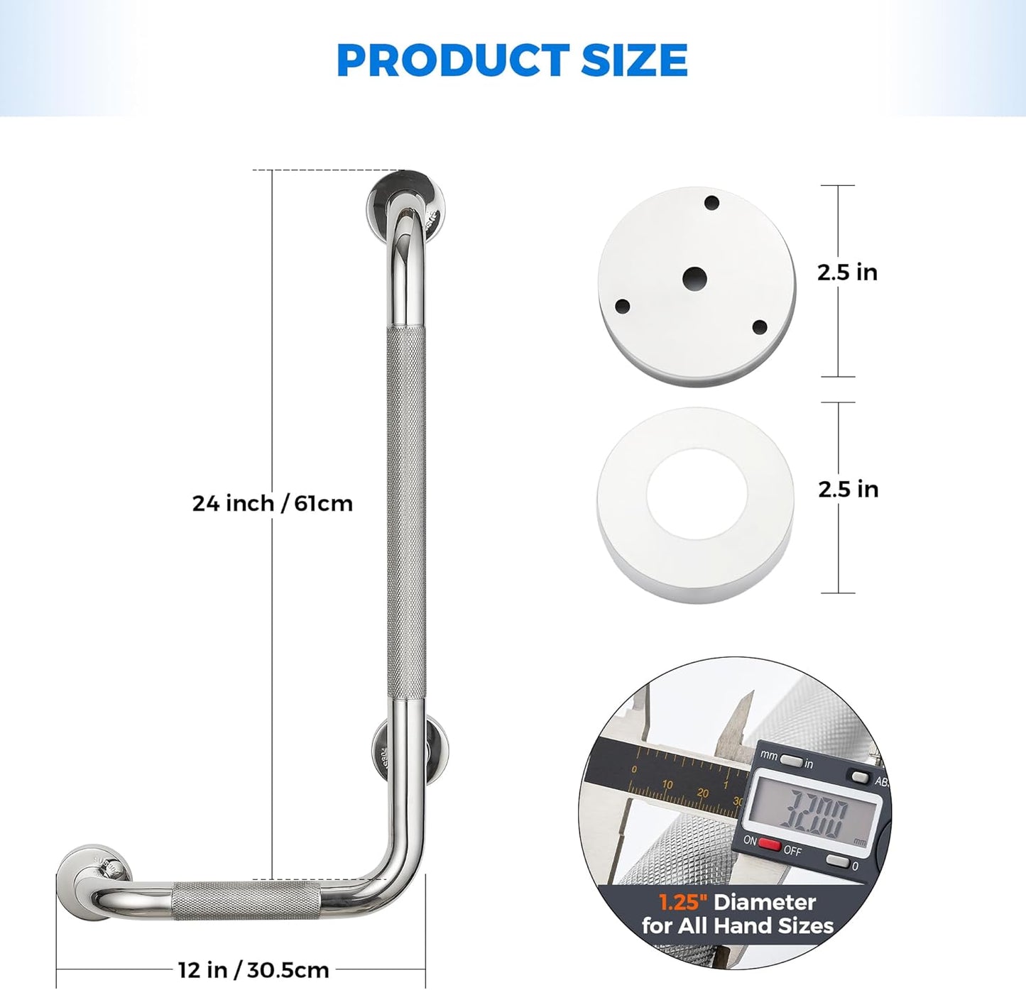 L-Shaped Grab Bars for Shower, 24x12 Inch Stainless Steel Grab Bars for Elderly for Wall Mount, Anti-Slip Knurled Grip Bathroom Safety Rail, Right