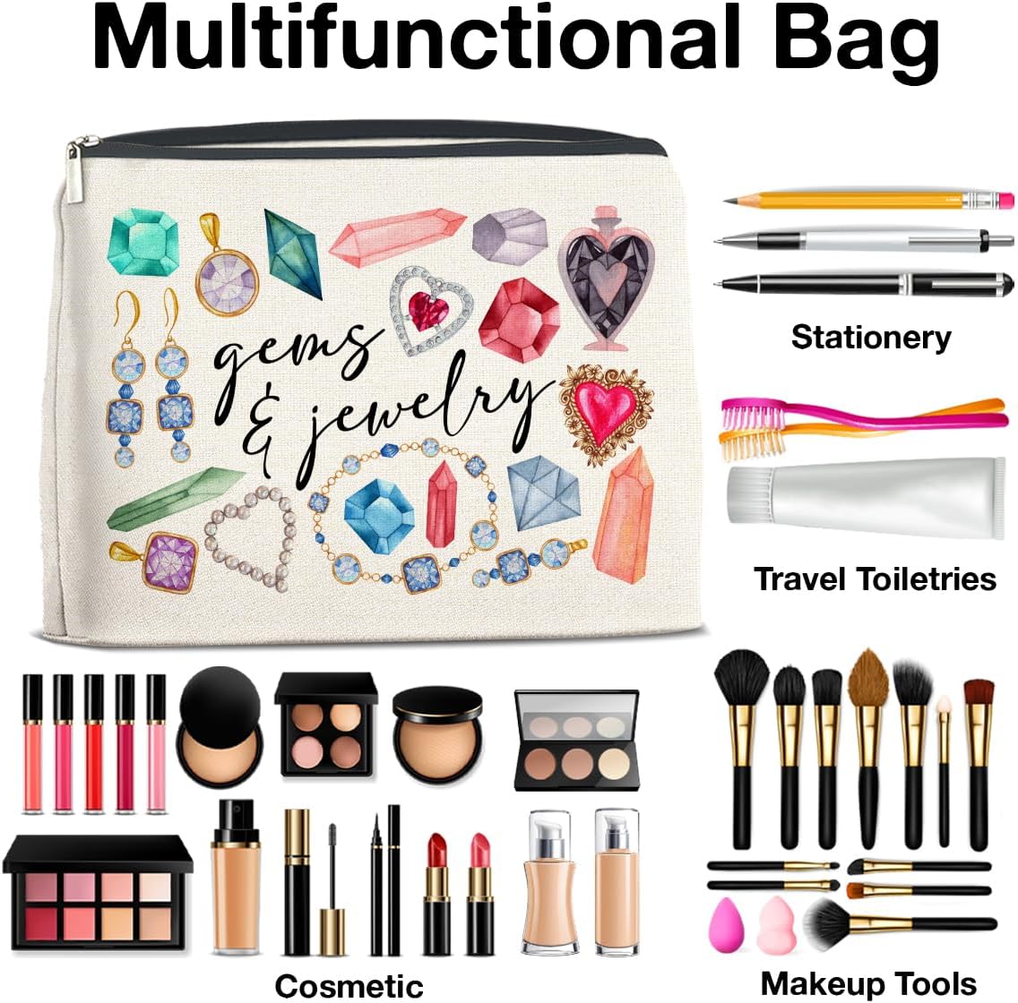 Gems and Jewelry Cosmetic Bag Gift, Gifts for Gem Jewelry Lovers Makeup Bag Zipper Makeup Pouch Bridesmaids Gift