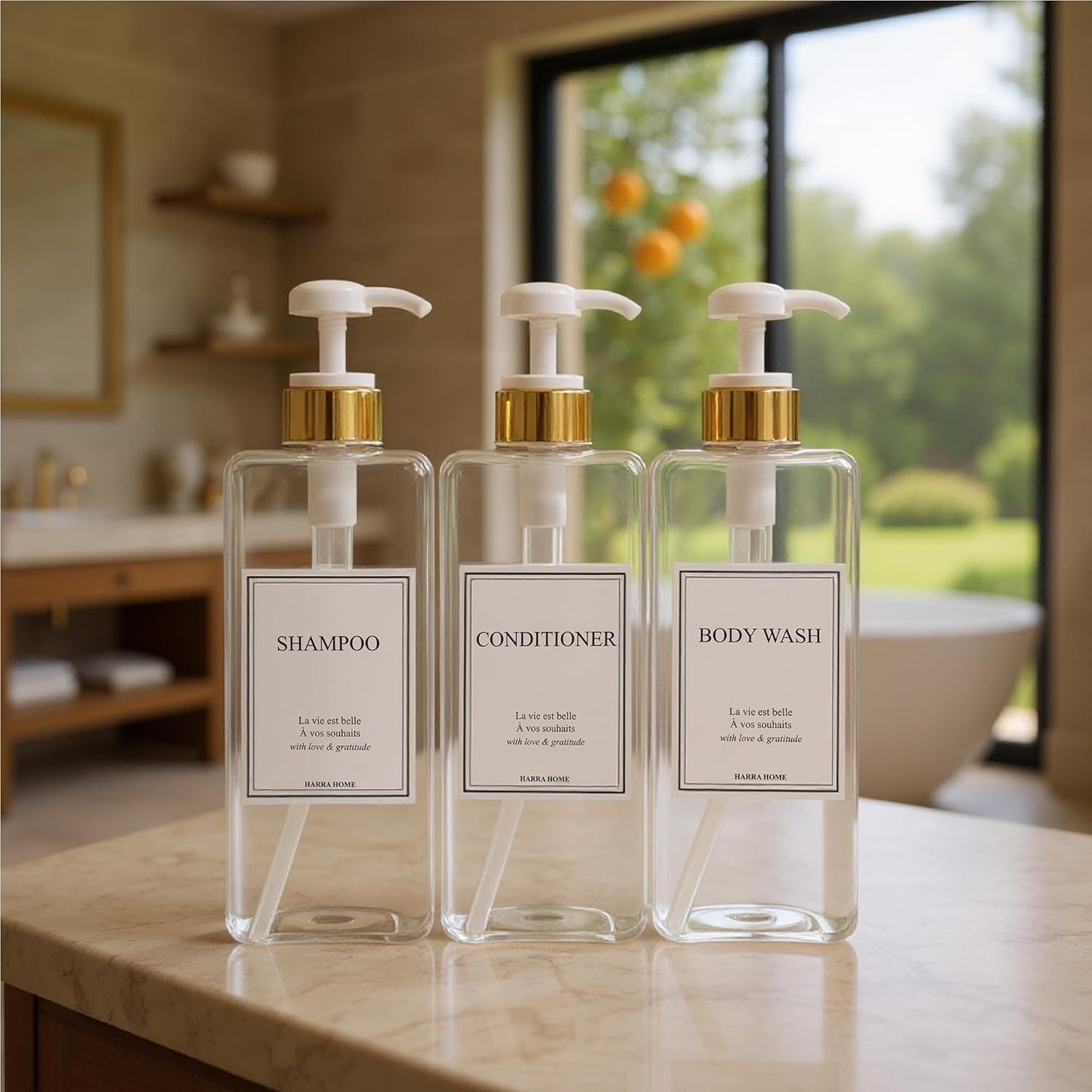 Modern Gold Design Large 27 oz Shampoo and Conditioner Dispensers - Empty Plastic Refillable Pump Bottle Set for Bathroom Shower Soap Dispenser, Set of 3 (Clear & White)