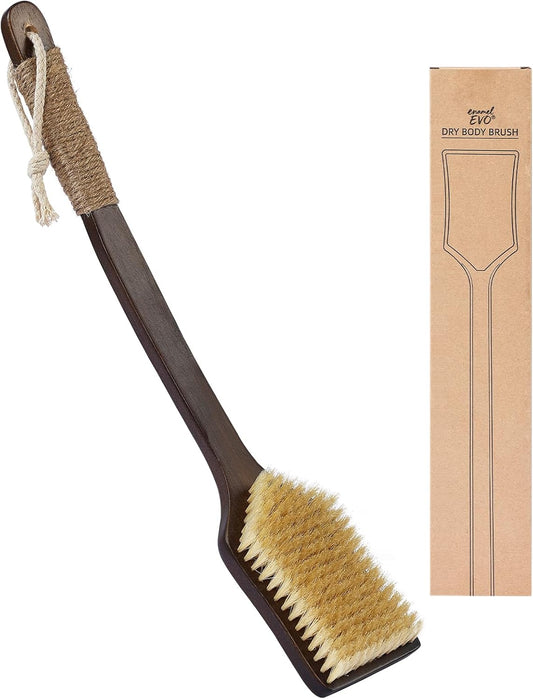 Back Scrubber Shower Brush,Dry Brushing Body Brush with 17.7 Inch Curved Long Handle, Natural Bristles for Lymphatic Drainage, Soft & Stiff Bristles Available (Soft-Fine Boar Bristles)