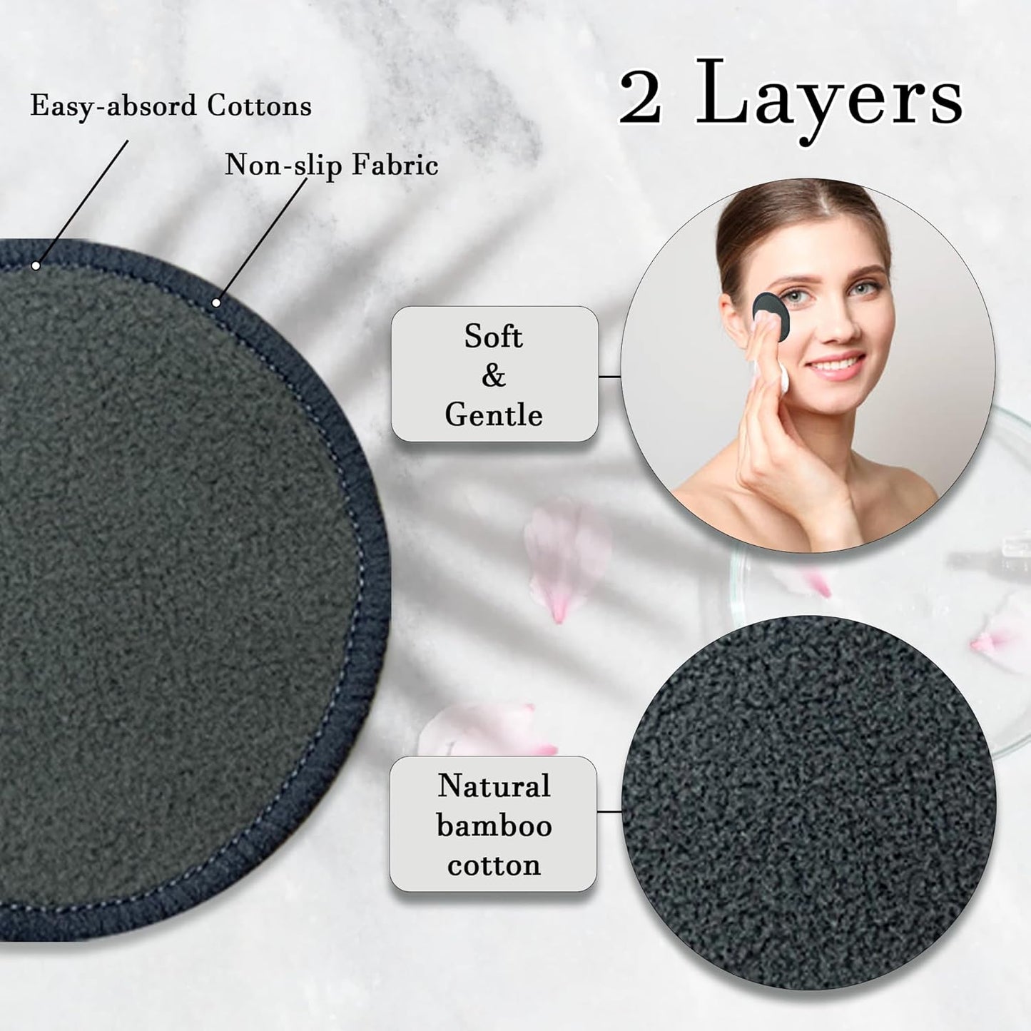 Reusable Bamboo Charcoal Makeup Remover Pads - 30 Count Washable Makeup Remover Pads, Reusable Cotton Rounds for Face, Double-Sided Washable Bamboo Cotton Rounds with Mesh Bag for Storage