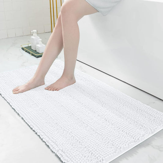 Grandaily Chenille Striped Bathroom Rugs 47x24, Extra Thick and Absorbent Bath Mats, Non-Slip Soft Plush Shaggy Shower Carpet, Machine Wash Dry, Bath Rug for Bathroom, White