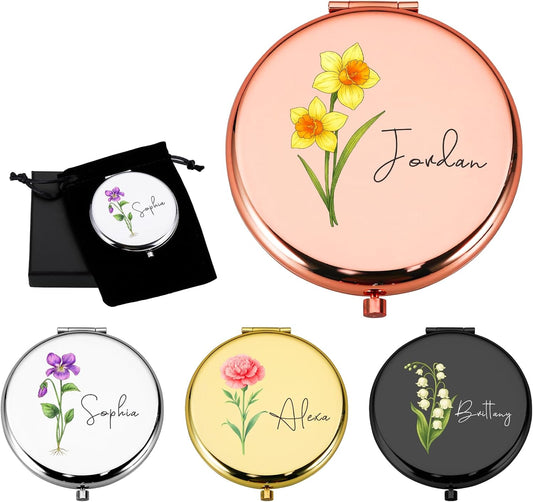 Personalized Compact Mirror for Women, Custom Birth Flower and Name Pocket Mirror, 1X/2X Magnification Travel Makeup Mirror for Purse, Gift for Bridesmaid Wedding Birthday Christmas Mom Friend Sister