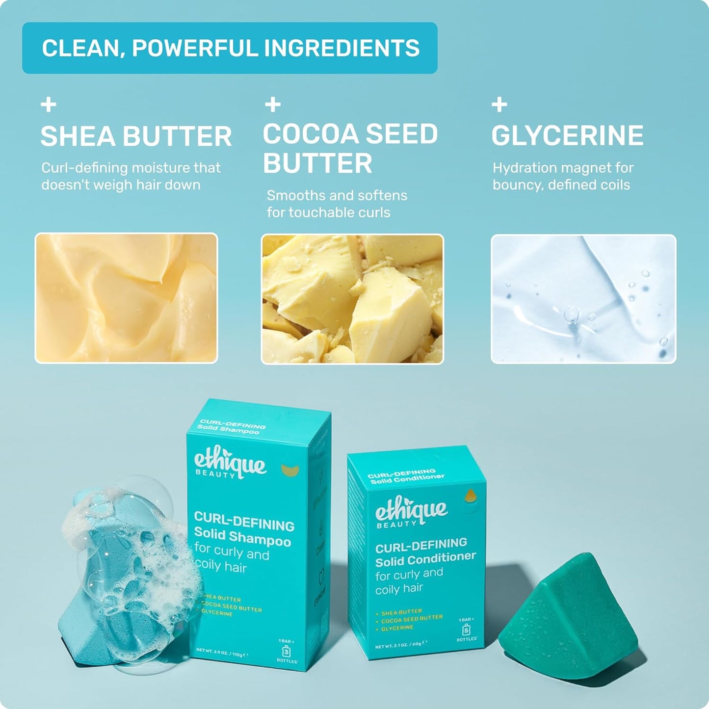 Ethique Beauty Mini Sampler Solid Shampoo & Conditioner Bar Set - Curl-Defining Shampoo & Conditioner with Shea Butter