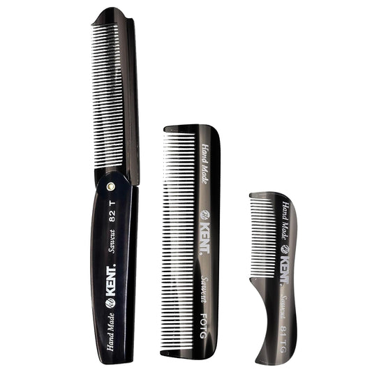 Kent Set Men's Hair Pocket Combs, 81T X-Small, FOT All Fine Tooth, 20T Fine Tooth Folding Comb. Best Hair, Beard and Mustache Grooming Kit for Travel and Home Care, Handmade in England
