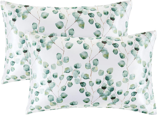 EXQ Home Satin Pillowcase Silky Satin Pillowcase for Hair and Skin,Soft Cooling Printed Pillow Cases Queen Size Set of 2 Satin Pillow Case with Envelope Closure Ink Leaf