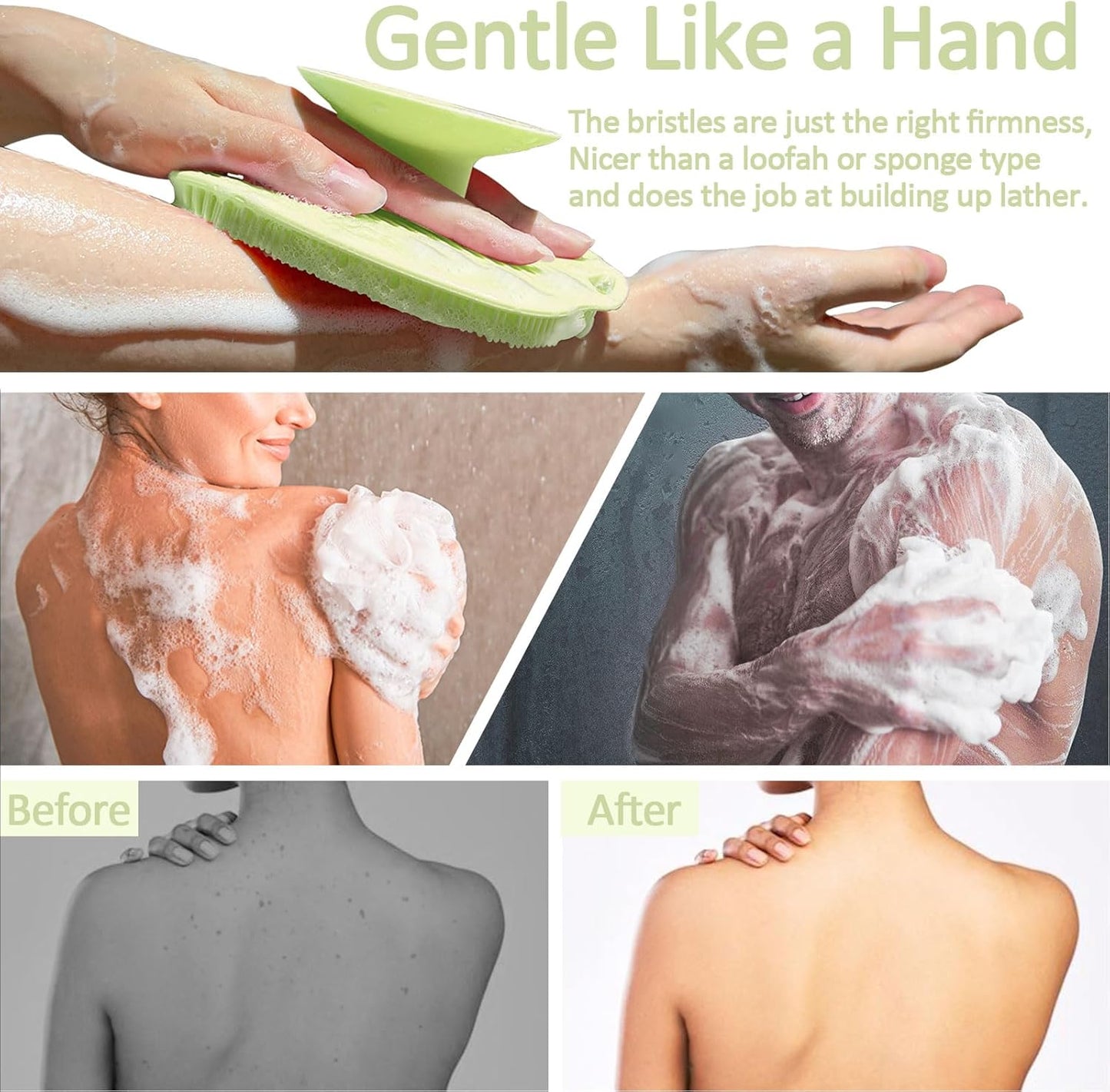 Soft Silicone Body Scrubber, Gentle Like a Hand Exfoliating Your Skin and Build Up Lather Easily, Back Large Suction Cup Easy to Store, Long-Lasting & Deep Clean （Green