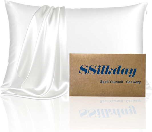 Mulberry Silk Pillow Cases with Zipper, Ultra Smooth Soft Breathable Cooling Pillow Cases for Hot Sleepers, Silk Satin Pillowcase for Hair and Skin, Gifts for Women (Cream White, Queen Size, 1 Pack)