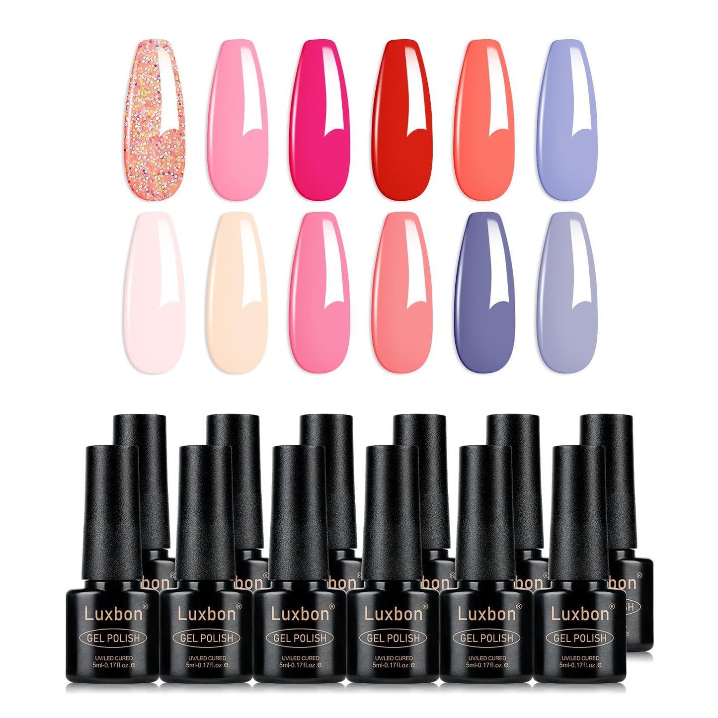 Luxbon 12 pcs Gel Nail Polish Set - Summer Color Set Long Lasting Gel Polish, uv led Soak Off Nail Art Designs Manicure Kit 005