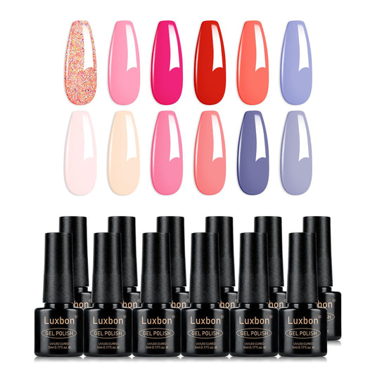 Luxbon 12 pcs Gel Nail Polish Set - Summer Color Set Long Lasting Gel Polish, uv led Soak Off Nail Art Designs Manicure Kit 005