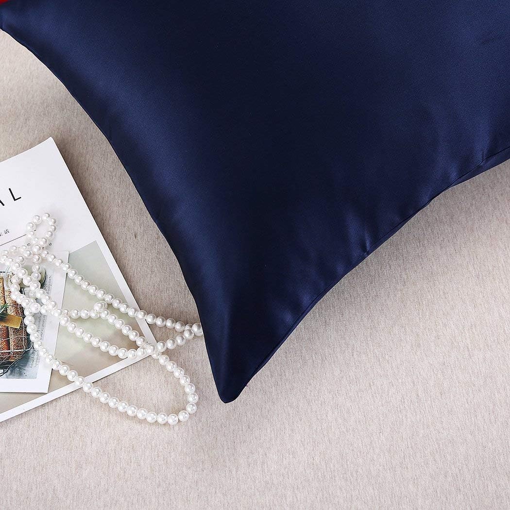 JUWENIN,Luxury Satin Pillowcase with Zipper (Silky Satin Pillow Case for Hair) Set of 2 (Queen, Navy)