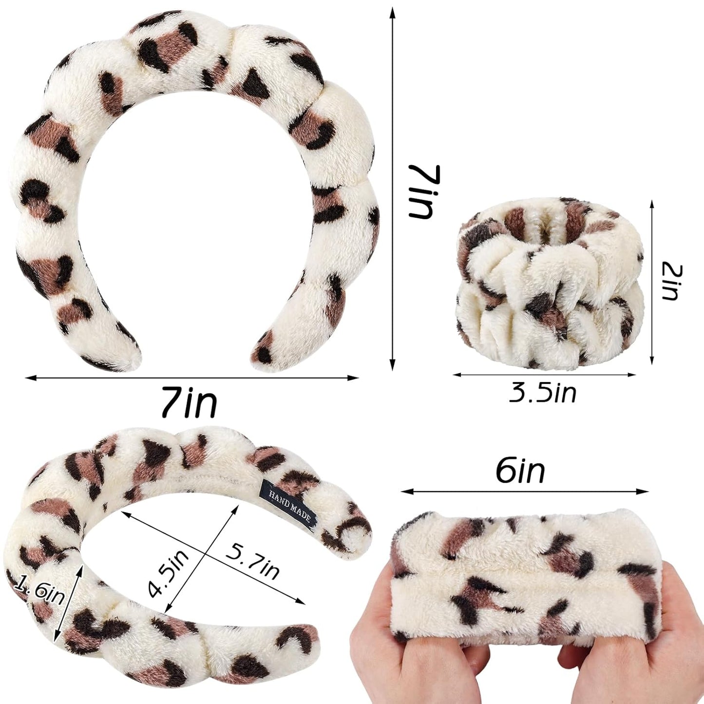 Zkptops 6Pcs Spa Headband for Washing Face Wristbands Set Women Bubble Skincare Makeup Sponge Plush Padded Puffy Headband Bow Tie Hairband Cute Non Slip Thick Hair Accessory Gifts(Beige Leopard)