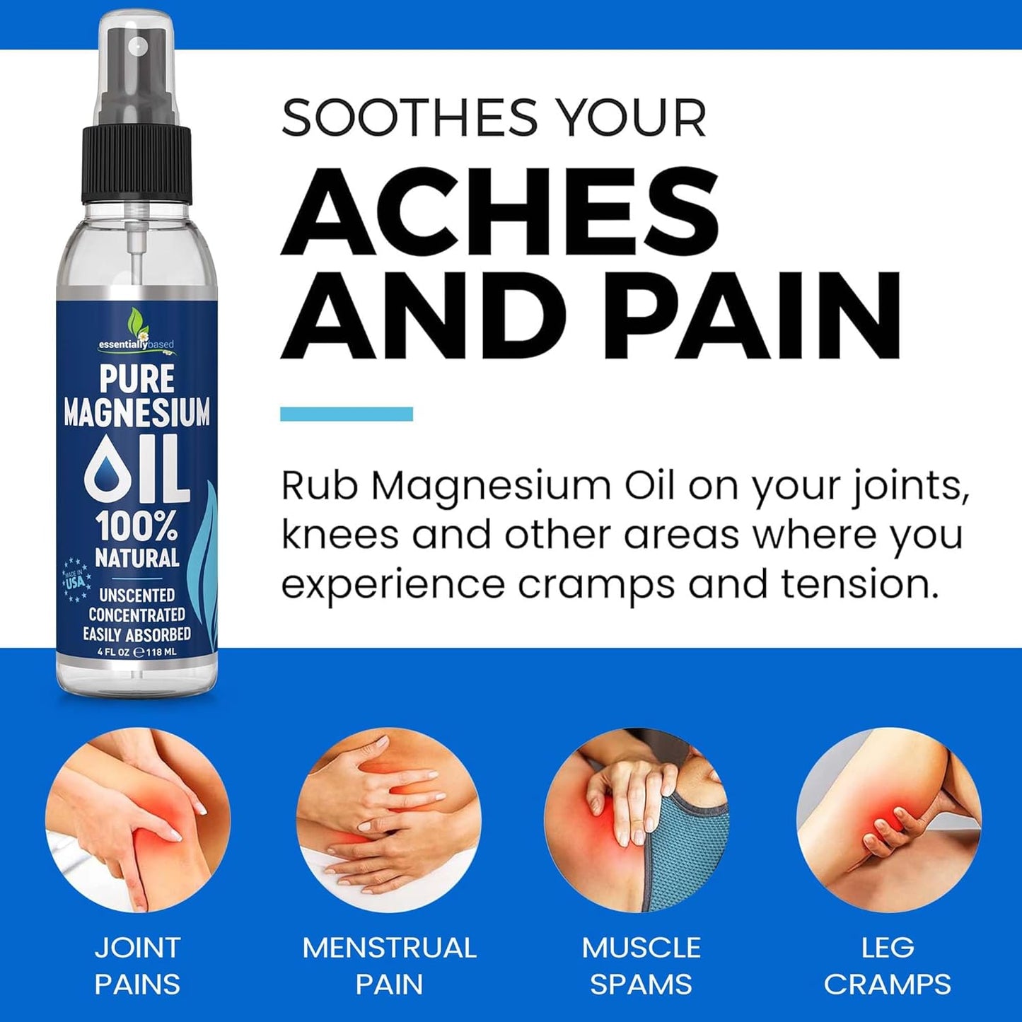 Pure Magnesium Oil Spray 4oz - Topical Magnesium Spray for Sleep Extra Strength - Less Sting - Less Itch - 100% Natural and Organic Oil - Made in USA