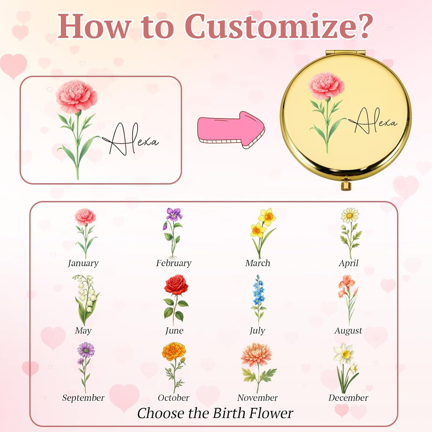 Personalized Compact Mirror for Women, Custom Birth Flower and Name Pocket Mirror, 1X/2X Magnification Travel Makeup Mirror for Purse, Gift for Bridesmaid Wedding Birthday Christmas Mom Friend Sister