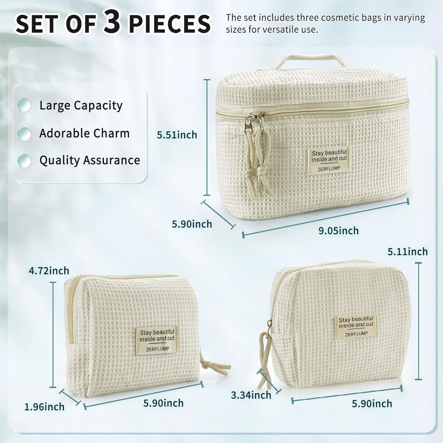 Cute Quilted Floral Makeup Bag(3Pcs)，Coquette Aesthetic Cosmetic Bag，Travel Toiletry Bags， Kawaii Aesthetic pouch for Women (91 - Beige)