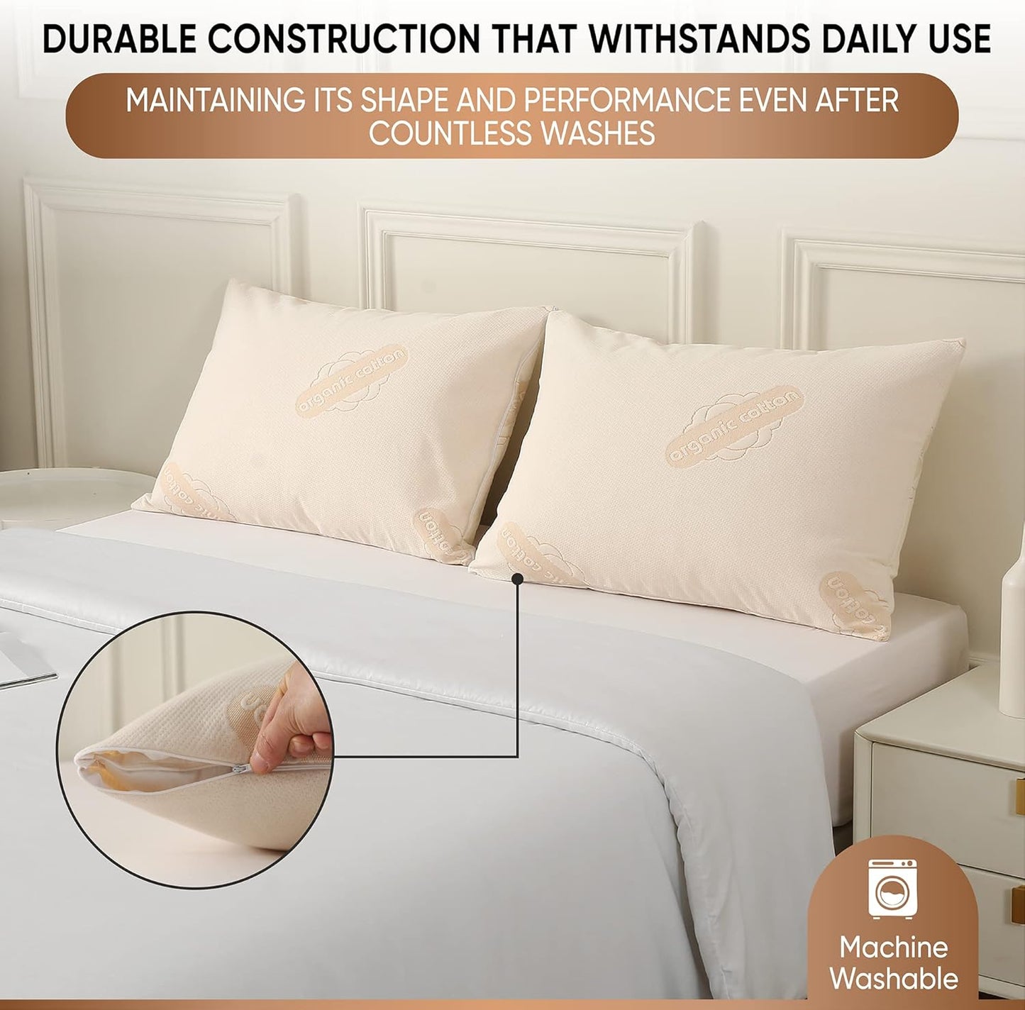 2-Pack Deluxe Organic Cotton Pillow Protectors Queen Size - Certified Organic, Waterproof, Zippered Encasement, Ultra-Soft Knit Fabric, Thick 280 GSM Cotton