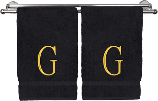 Monogrammed Hand Towel, Personalized Initial Gift, Extra Absorbent 100% Turkish Cotton - Soft Terry Finish - Set of 2 - Gold Block Initial G - Embroidered on Black Towels